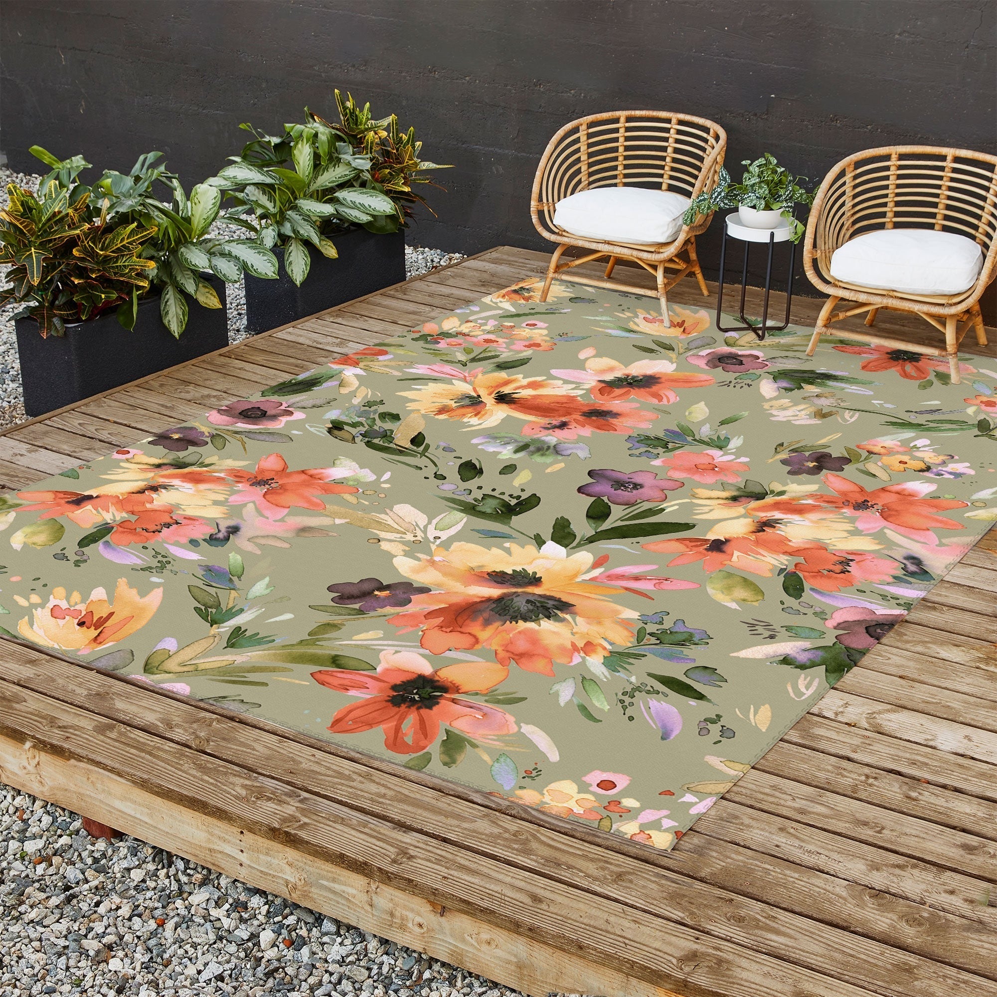 Ninola Design Botanic Retreat Painterly Tropical Flowers Sage Green Outdoor Rug