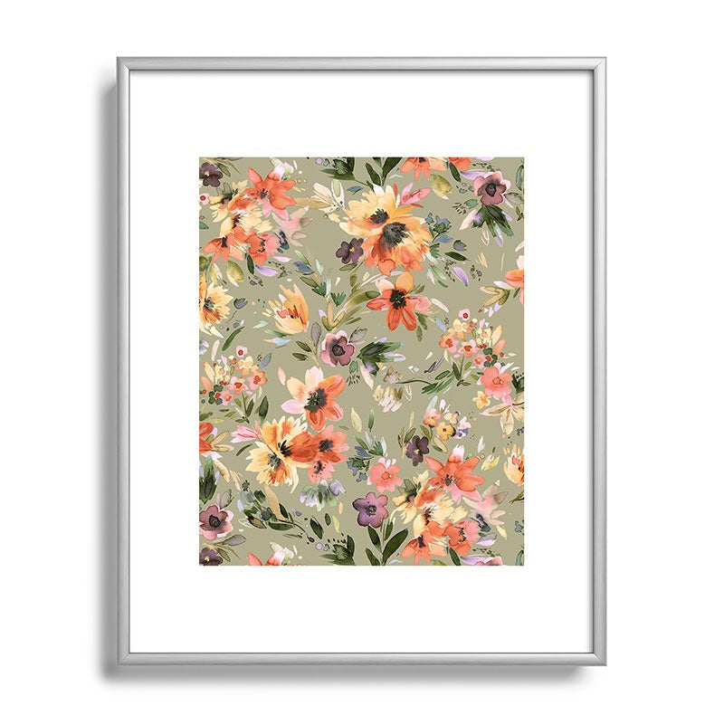 Ninola Design Botanic Retreat Painterly Tropical Flowers Sage Green Metal Framed Art Print