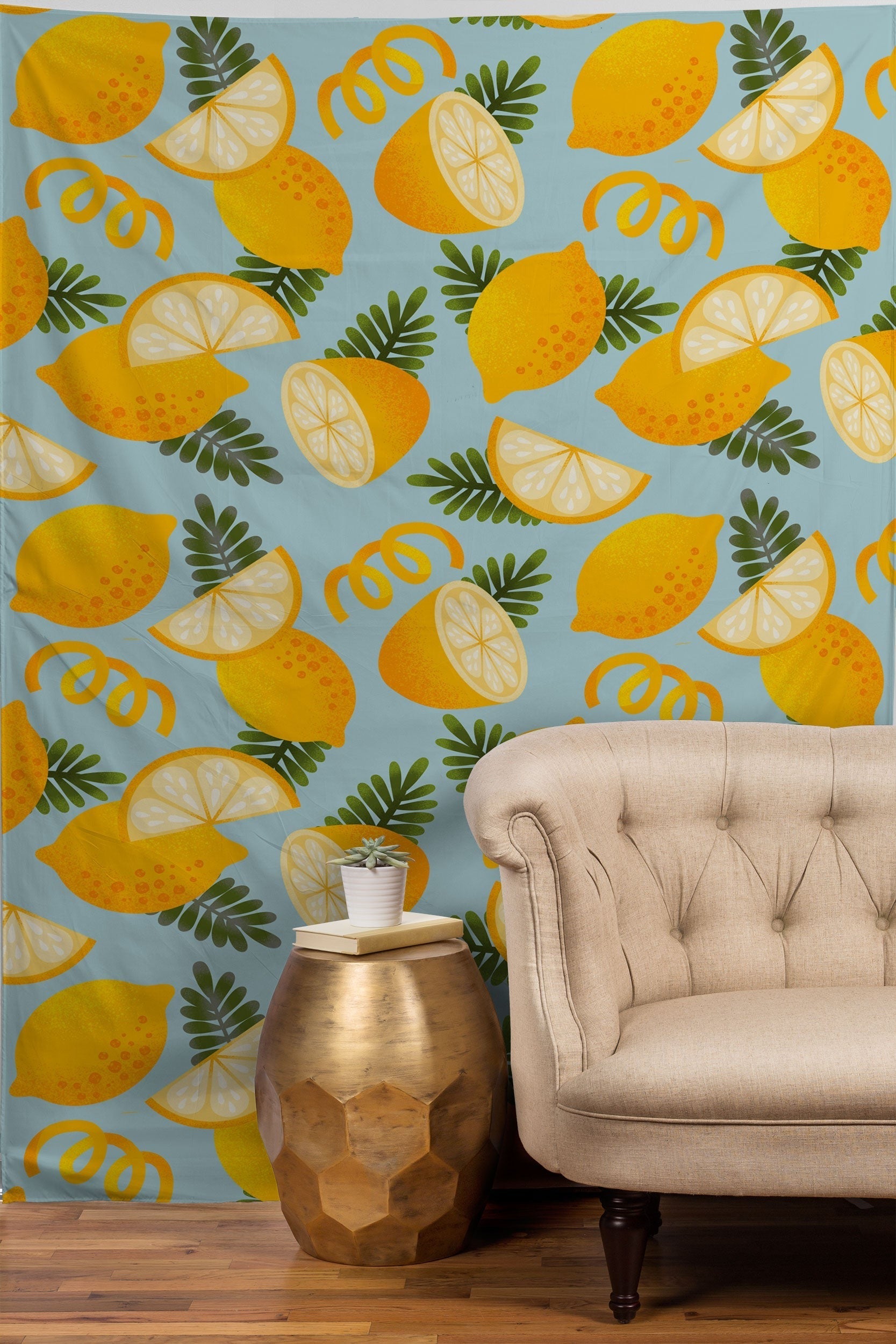 Jessica Molina Lemon Pattern on Sky Blue Tapestry