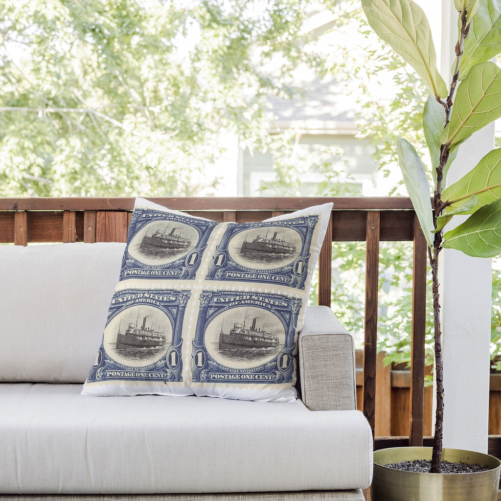 DENY Designs 1901 1c Fast Lake Navigation Stamps Outdoor Throw Pillow
