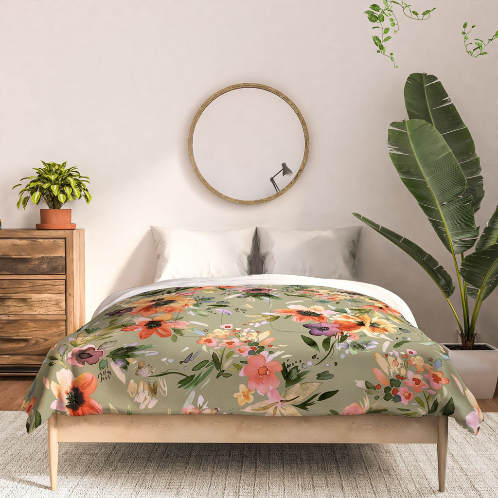 Ninola Design Botanic Retreat Floral Oleander Whimsical Teal Green Comforter