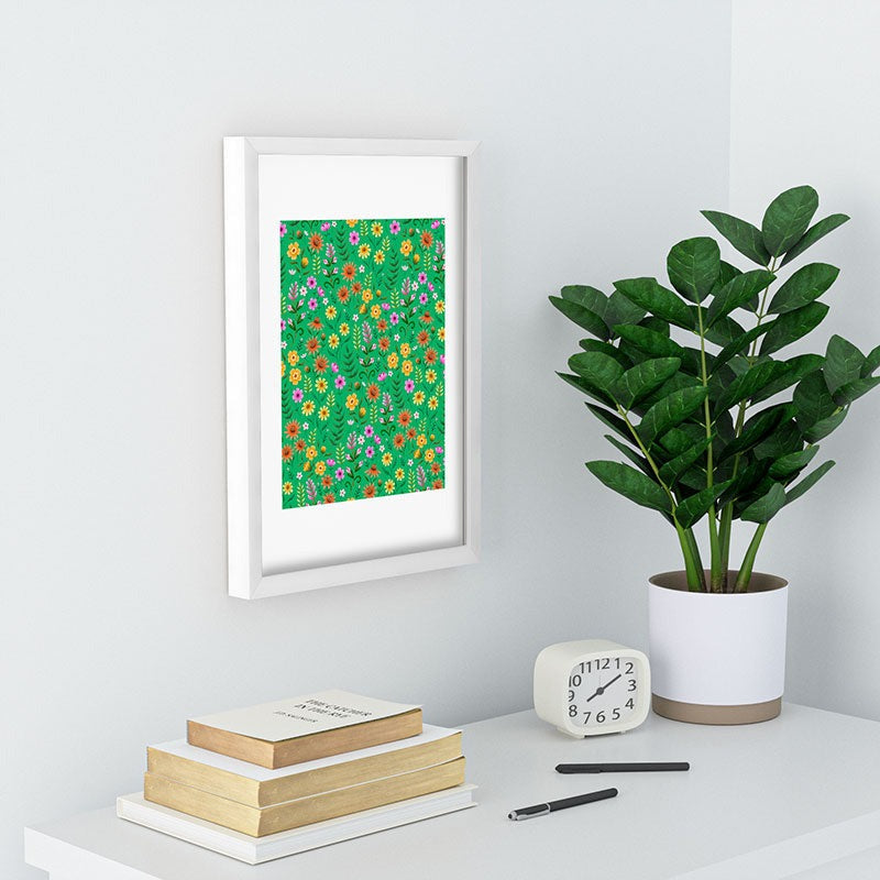 Pimlada Phuapradit Ditsy Spring Floral Green Recessed Framing Rectangle