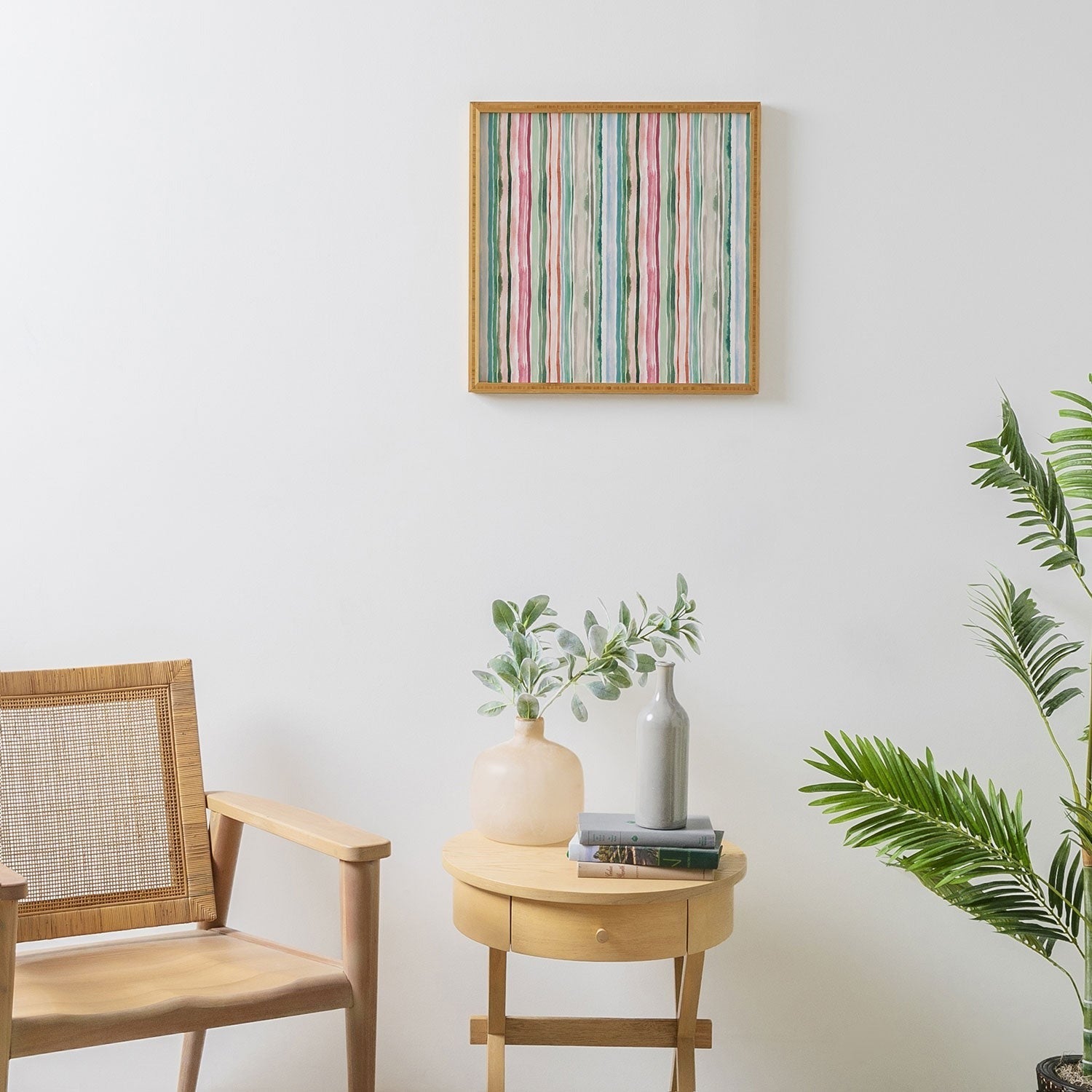 Ninola Design Botanic Retreat Watercolor Stripes Green Orange Red Framed Wall Art