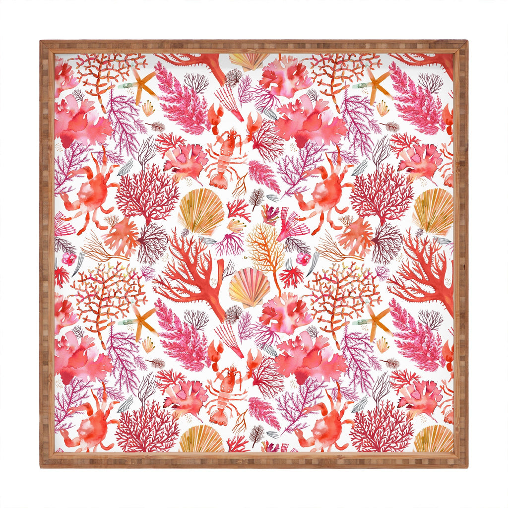 Ninola Design Botanic Retreat Coral Reef Crab Lobster Red Square Tray