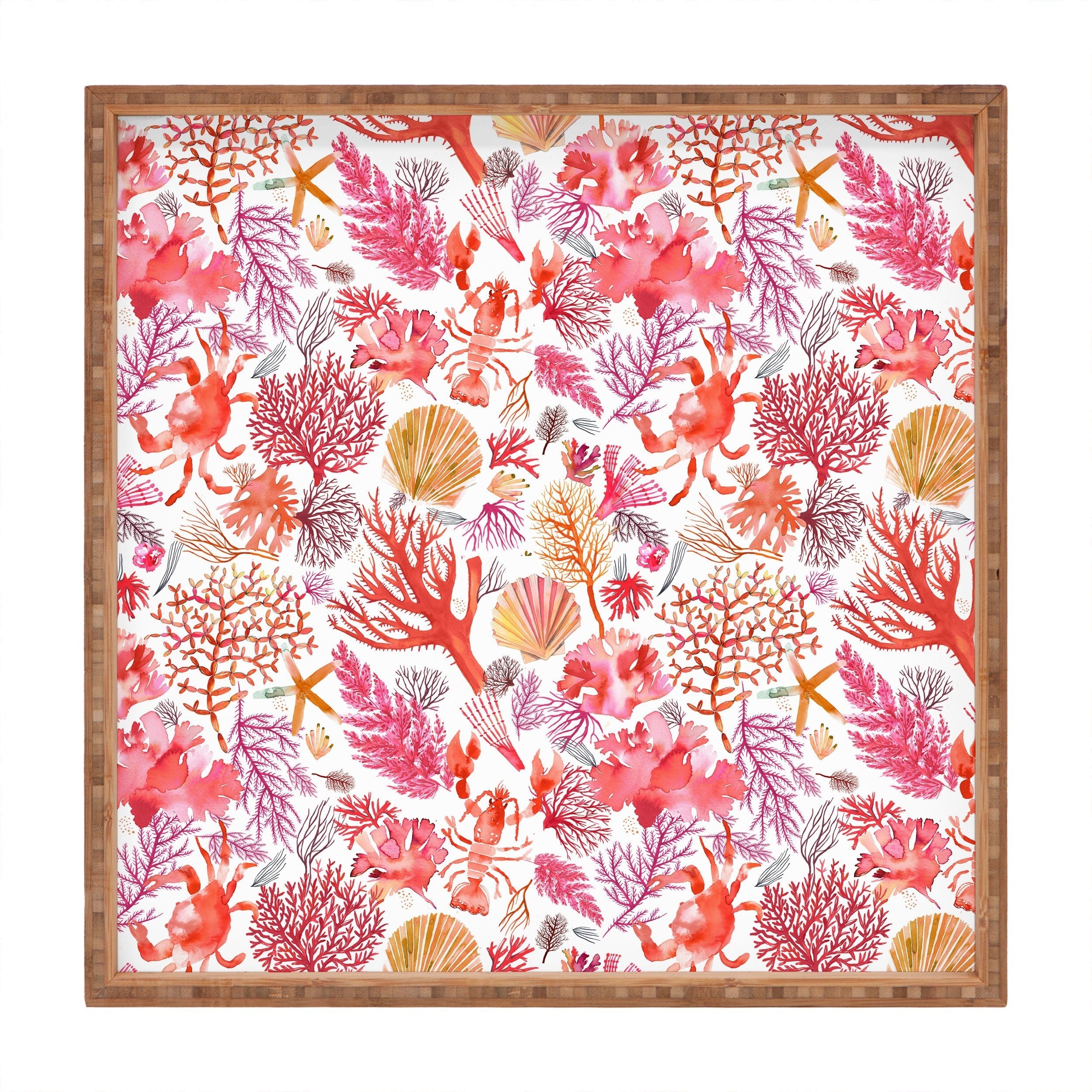 Ninola Design Botanic Retreat Coral Reef Crab Lobster Red Square Tray