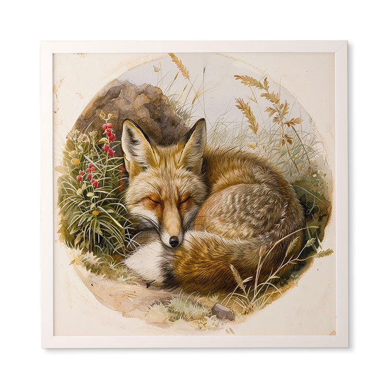 trajeado14 Fox Sleeping Vintage Illustration Framed Wall Art