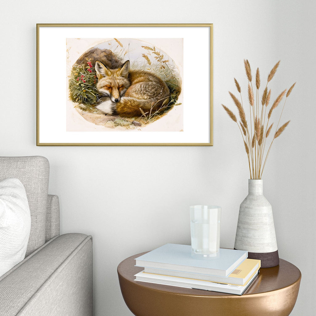 trajeado14 Fox Sleeping Vintage Illustration Metal Framed Art Print
