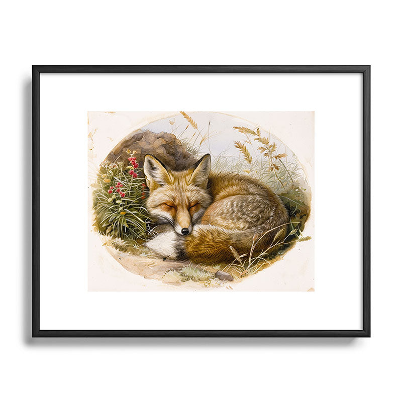 trajeado14 Fox Sleeping Vintage Illustration Metal Framed Art Print