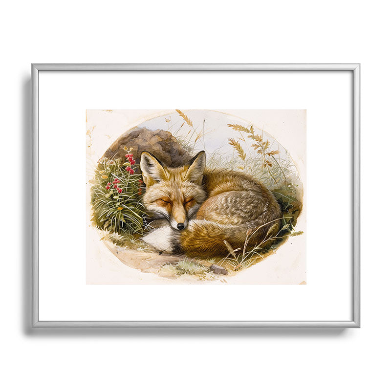 trajeado14 Fox Sleeping Vintage Illustration Metal Framed Art Print