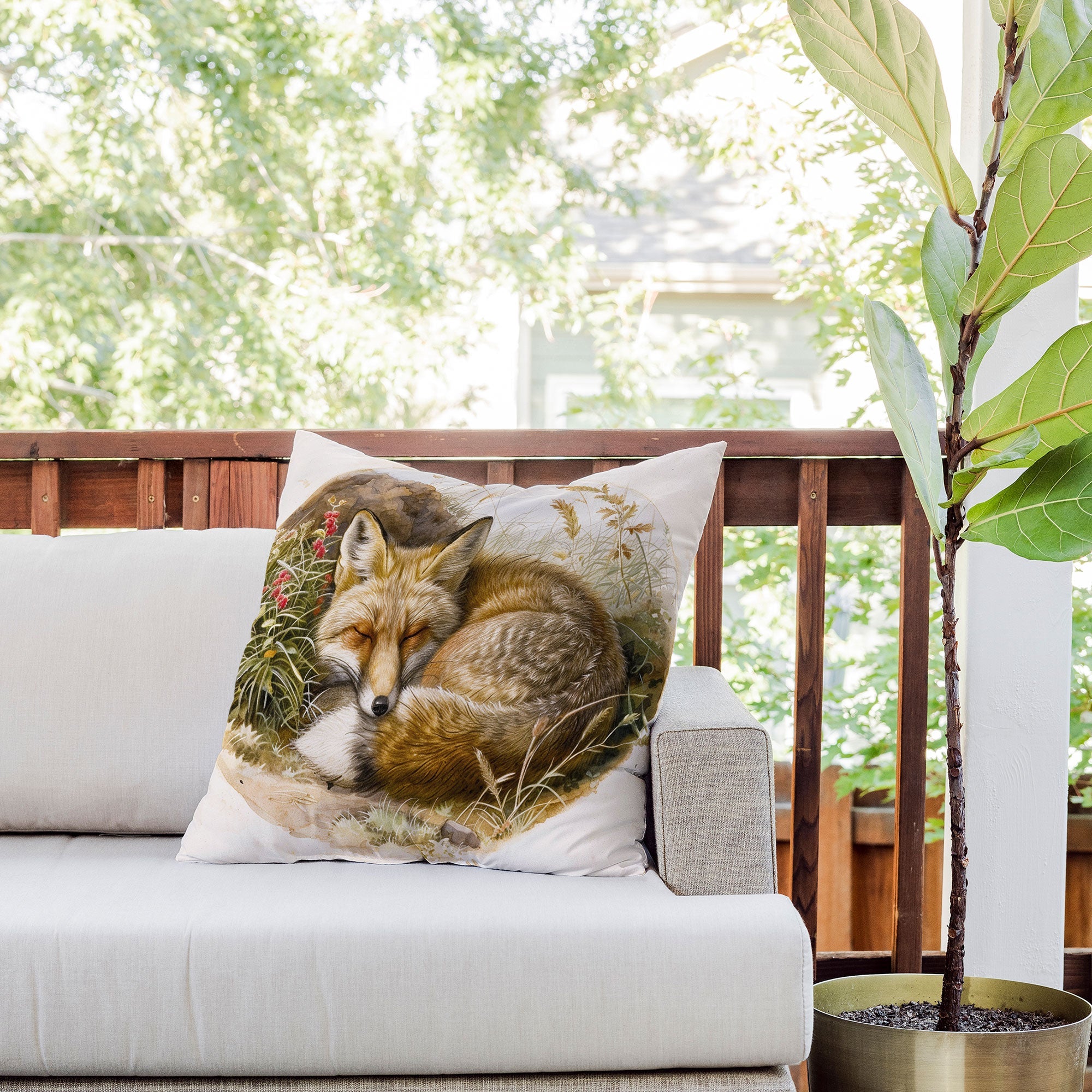 trajeado14 Fox Sleeping Vintage Illustration Outdoor Throw Pillow