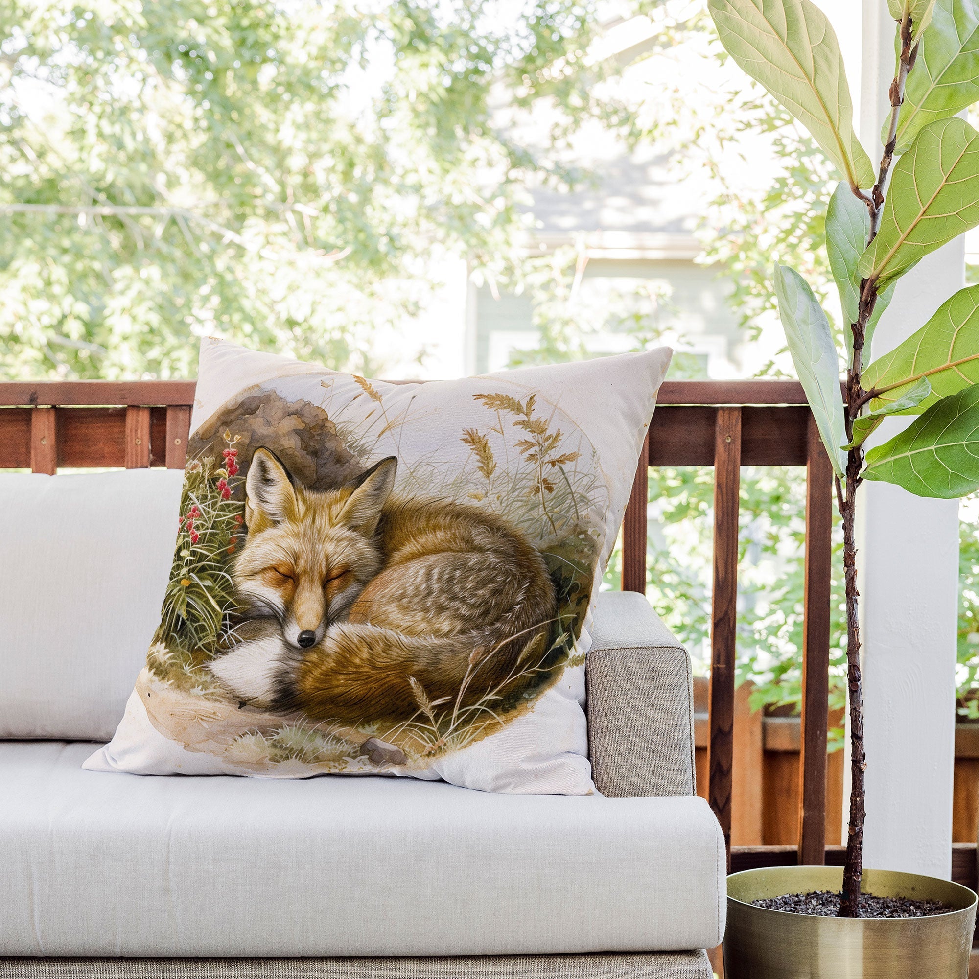 trajeado14 Fox Sleeping Vintage Illustration Outdoor Throw Pillow