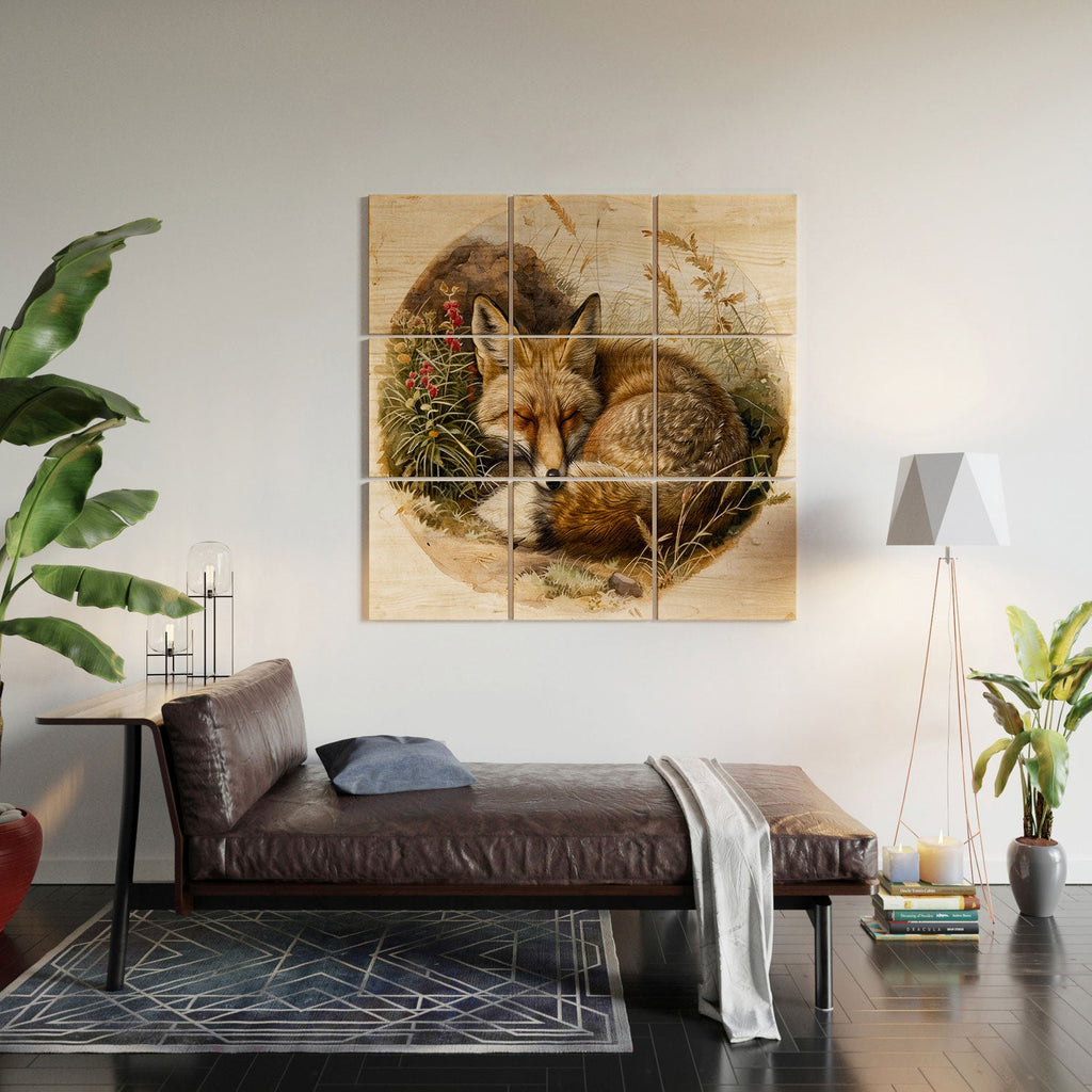 trajeado14 Fox Sleeping Vintage Illustration Wood Wall Mural