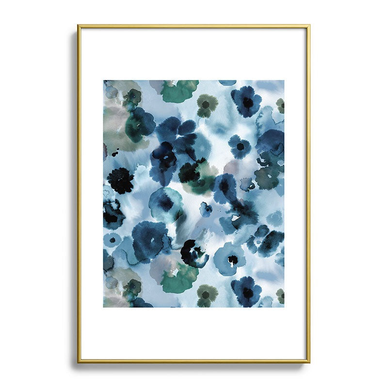 Ninola Design Botanic Retreat Ombre Abstract Watercolor Flowers Blue Navy Metal Framed Art Print