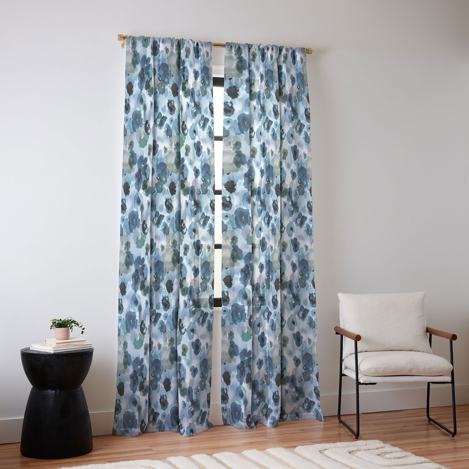 Ninola Design Botanic Retreat Ombre Abstract Watercolor Flowers Blue Navy Sheer Window Curtain
