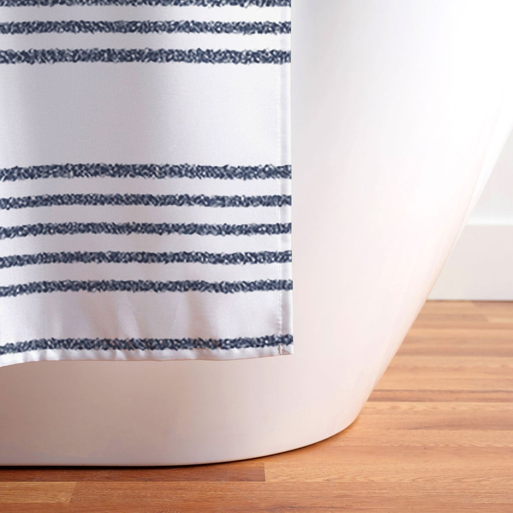 Kierkegaard Design Studio organic stripes naut navy blue and white Shower Curtain