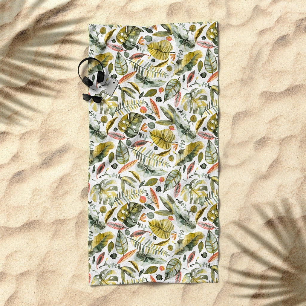 Ninola Design Botanic Retreat Tropical Jungle Leaves Botanical Green Orange Beach Towel