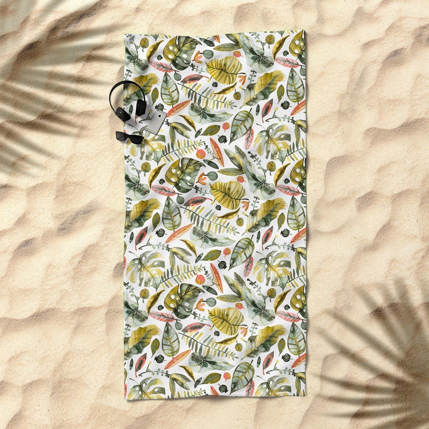 Ninola Design Botanic Retreat Tropical Jungle Leaves Botanical Green Orange Beach Towel