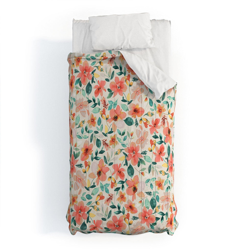 Ninola Design Botanic Retreat Tropical Whimsical Flowers Coral Green Comforter