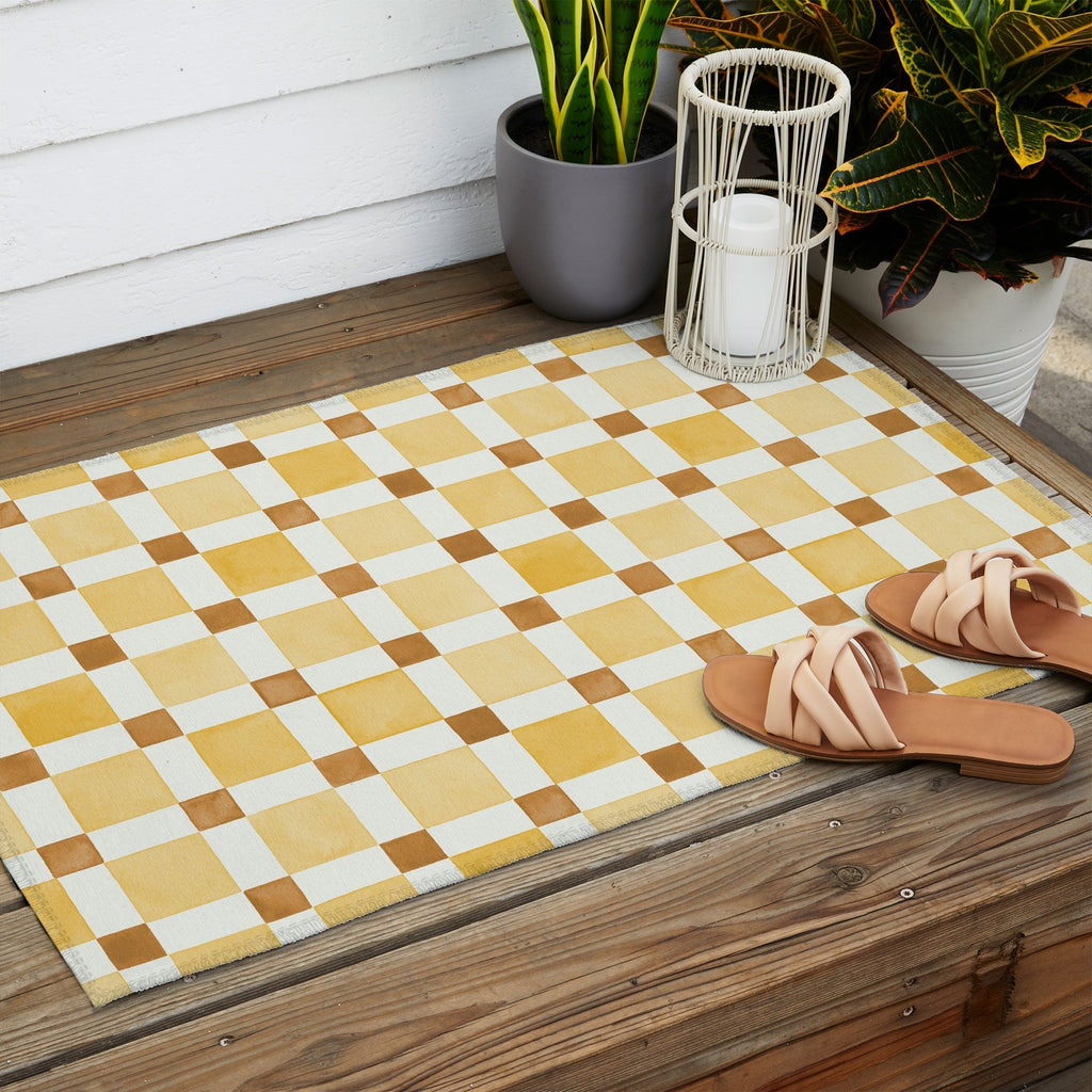 Ninola Design Everyday Artifact Checker Mosaic Tiles Geometry Yellow Outdoor Rug