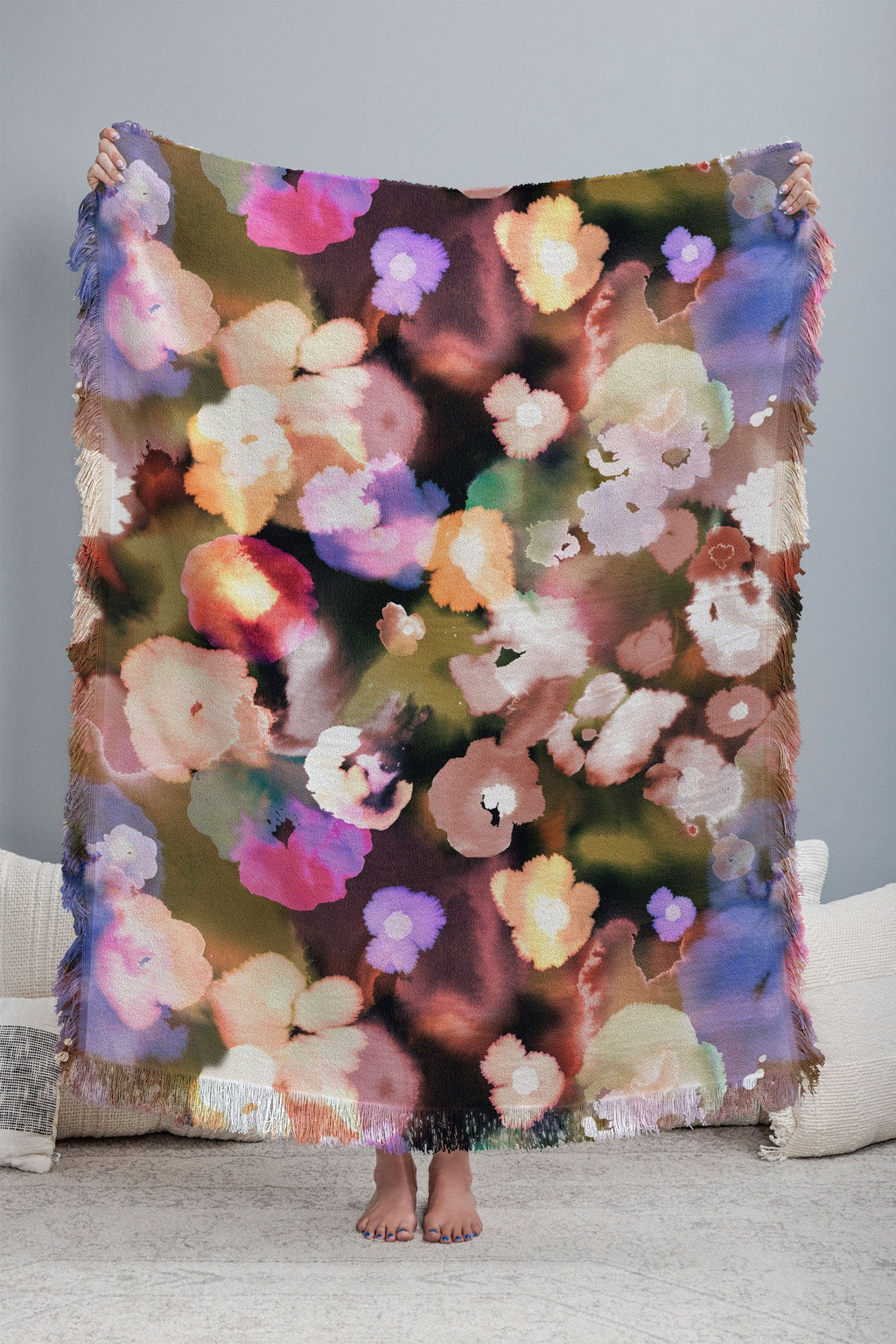 Ninola Design Botanic Retreat Ombre Abstract Watercolor Flowers Pink gold Throw Blanket