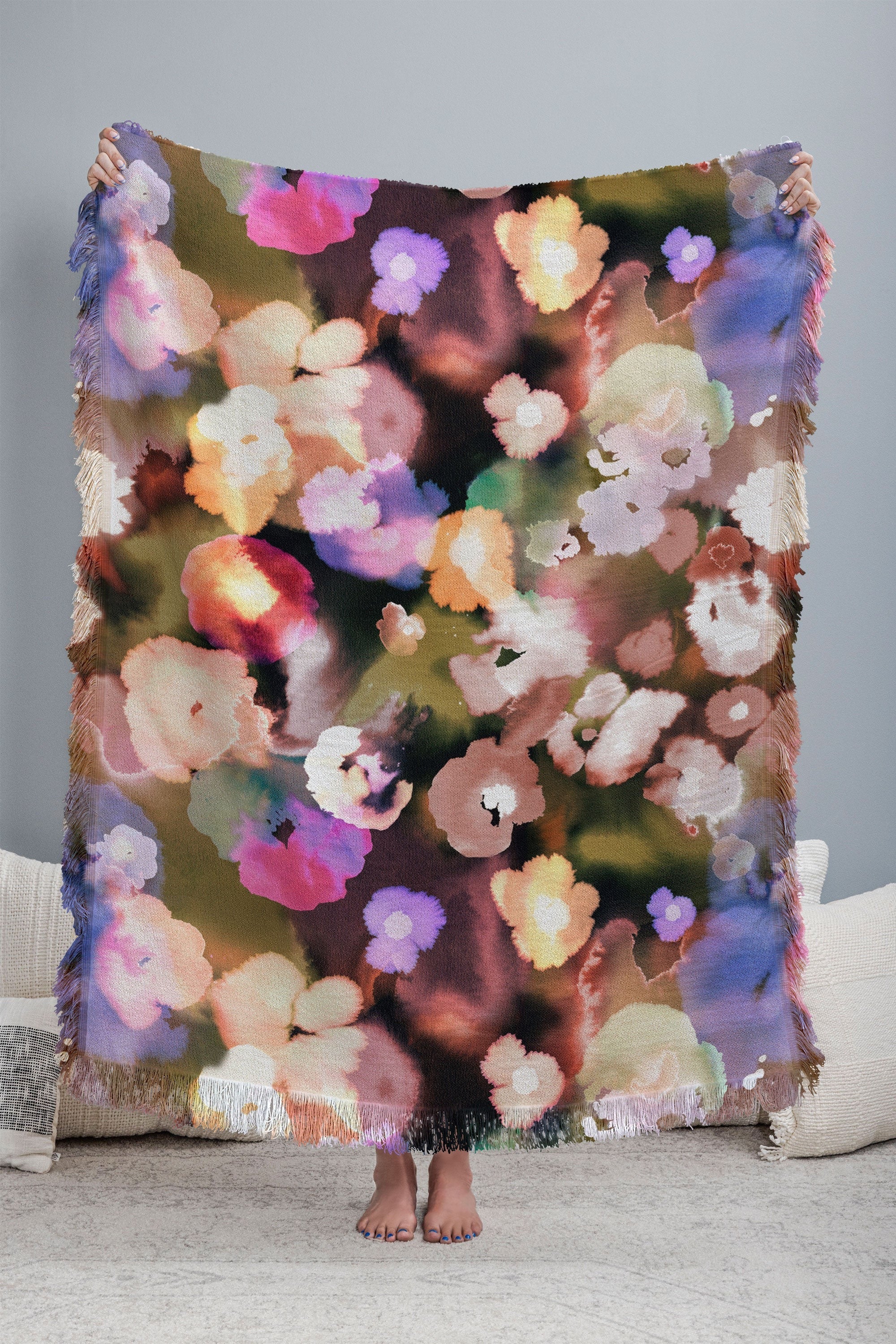 Ninola Design Botanic Retreat Ombre Abstract Watercolor Flowers Pink gold Throw Blanket