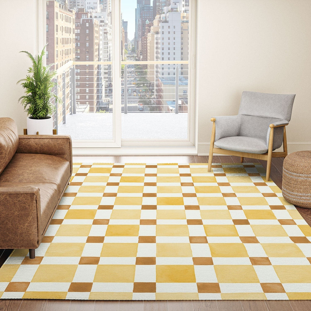 Ninola Design Everyday Artifact Checker Mosaic Tiles Geometry Yellow Area Rug