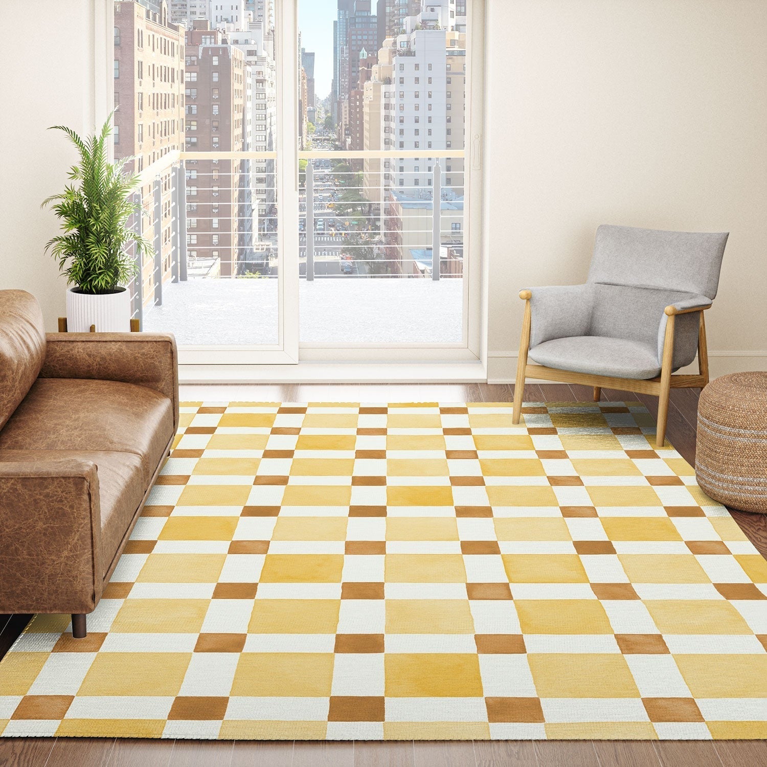 Ninola Design Everyday Artifact Checker Mosaic Tiles Geometry Yellow Area Rug