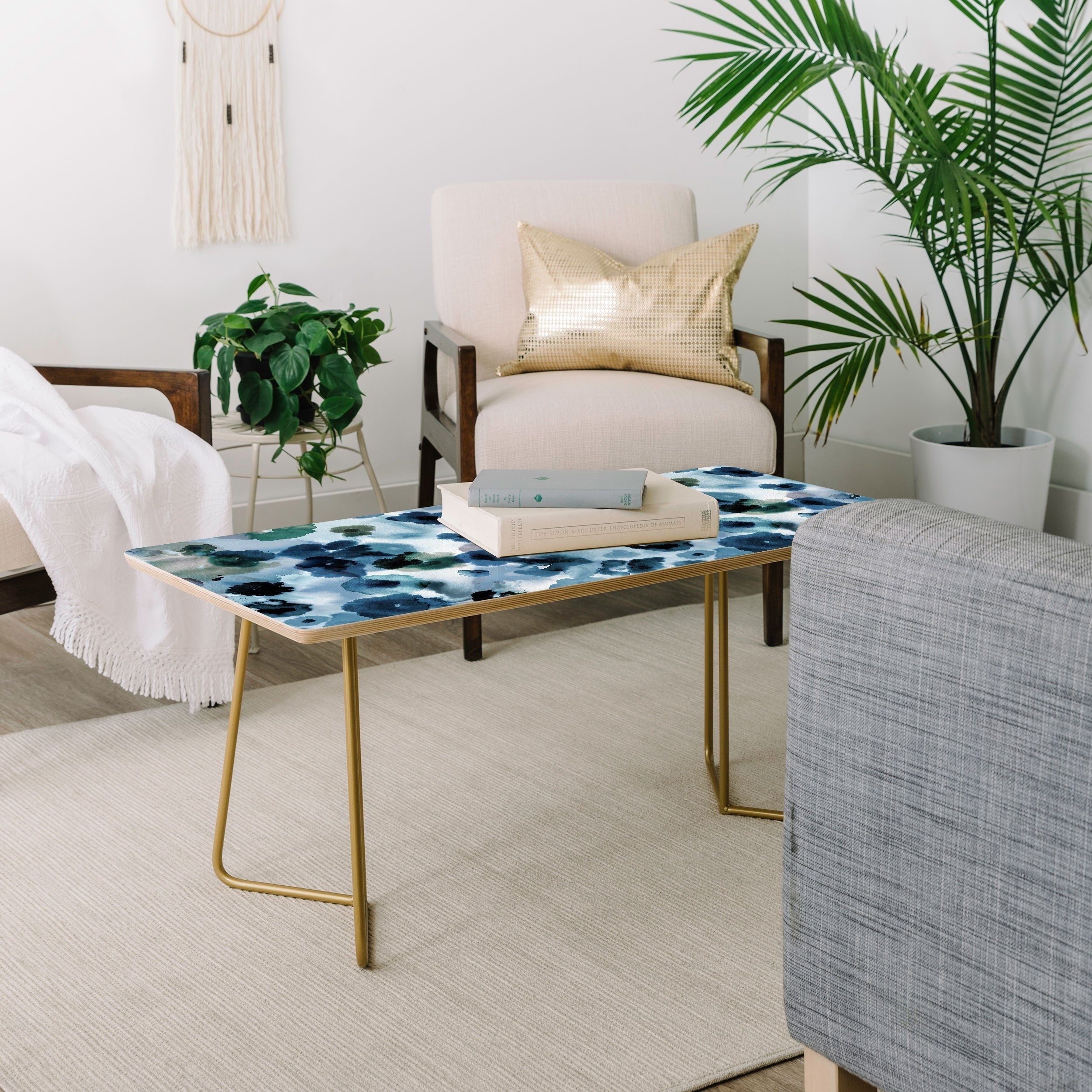 Ninola Design Botanic Retreat Ombre Abstract Watercolor Flowers Blue Navy Coffee Table