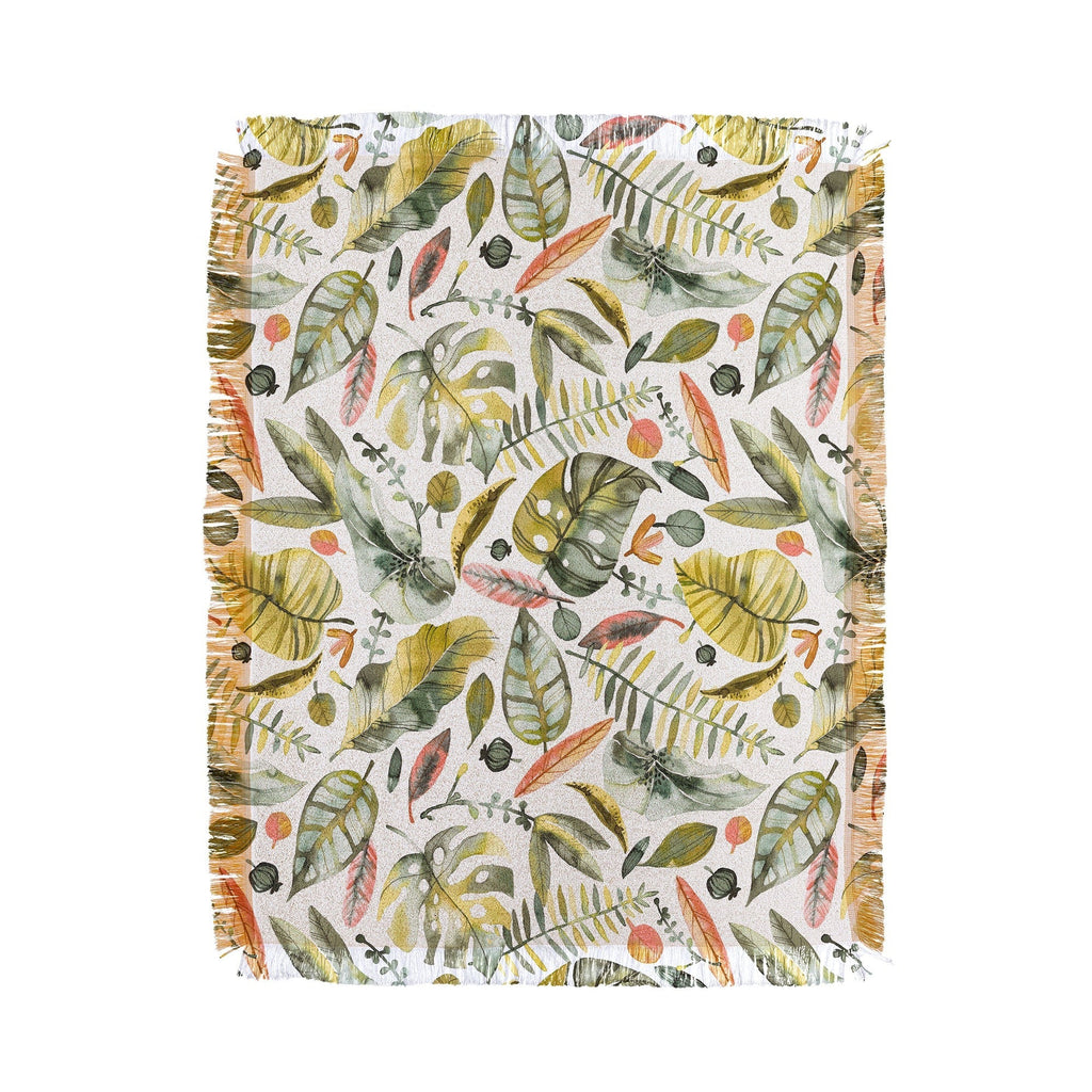 Ninola Design Botanic Retreat Tropical Jungle Leaves Botanical Green Orange Throw Blanket
