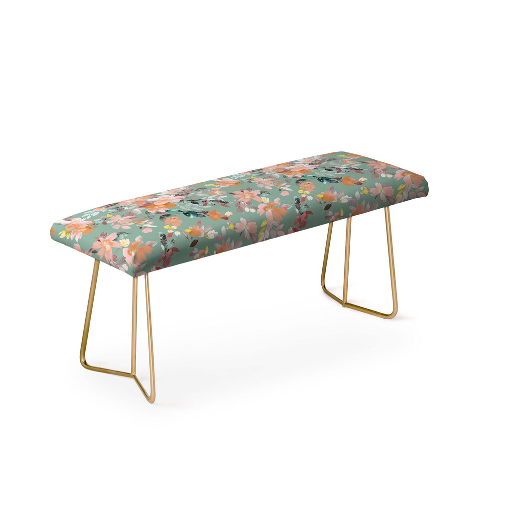 Ninola Design Botanic Retreat Floral Oleander Whimsical Teal Green Bench