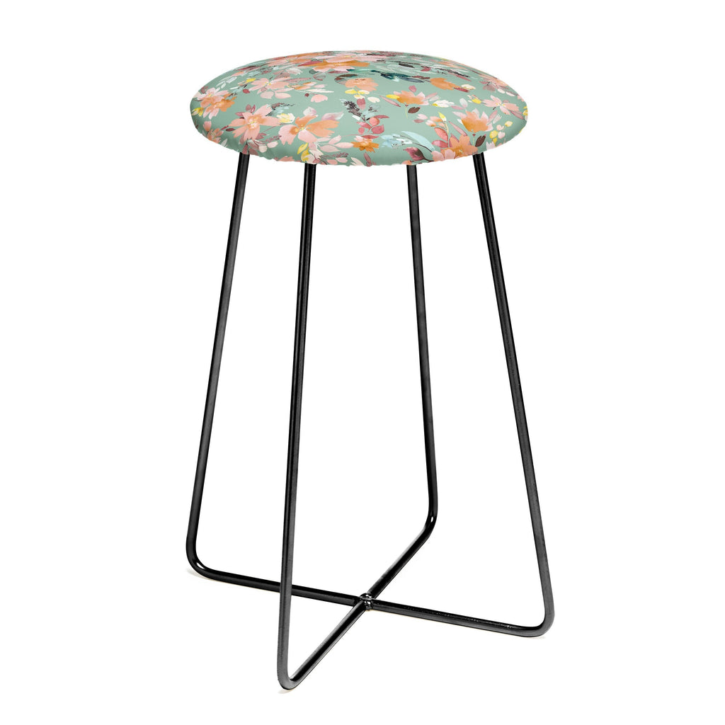 Ninola Design Botanic Retreat Floral Oleander Whimsical Teal Green Counter Stool