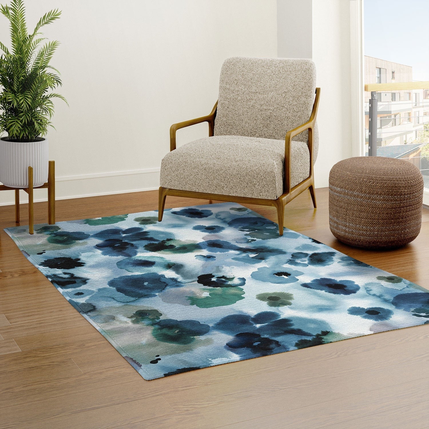 Ninola Design Botanic Retreat Ombre Abstract Watercolor Flowers Blue Navy Area Rug