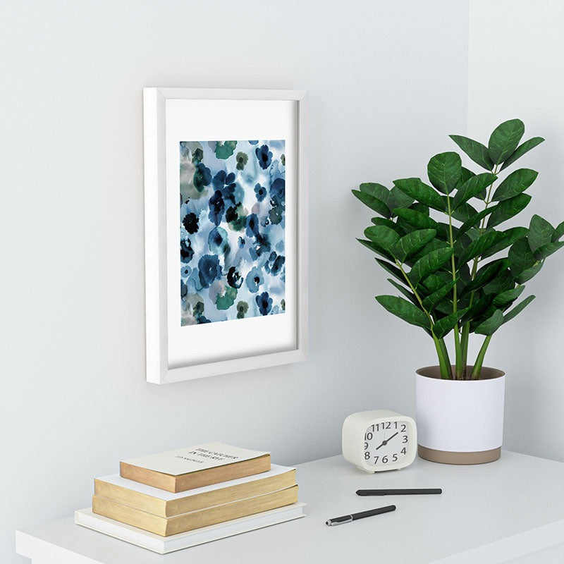 Ninola Design Botanic Retreat Ombre Abstract Watercolor Flowers Blue Navy Recessed Framing Rectangle