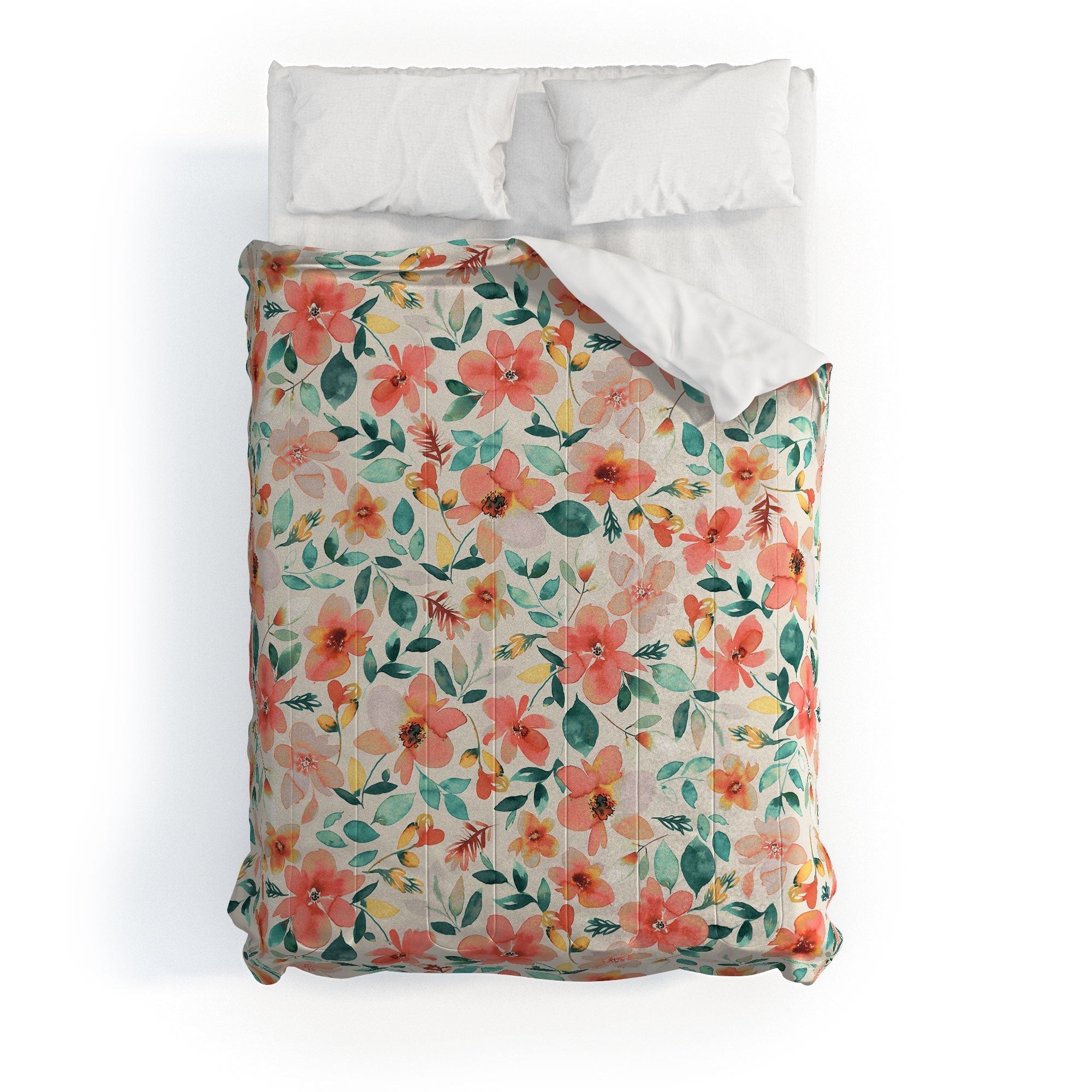Ninola Design Botanic Retreat Tropical Whimsical Flowers Coral Green Comforter