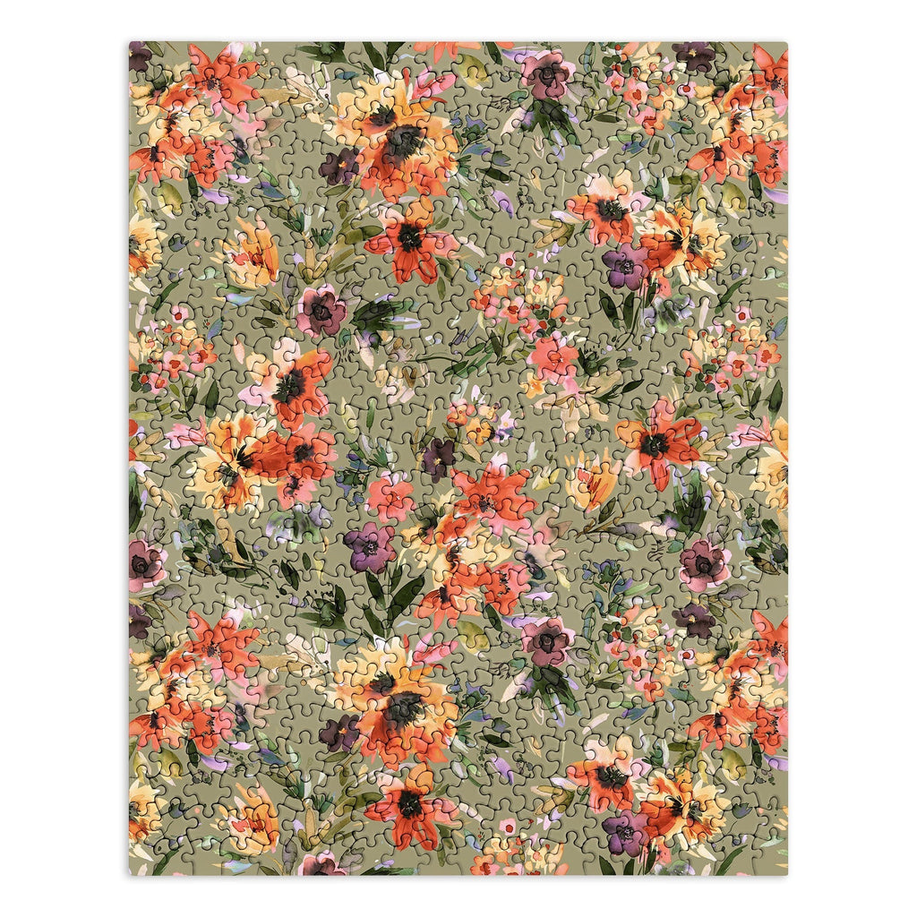 Ninola Design Botanic Retreat Painterly Tropical Flowers Sage Green Puzzle