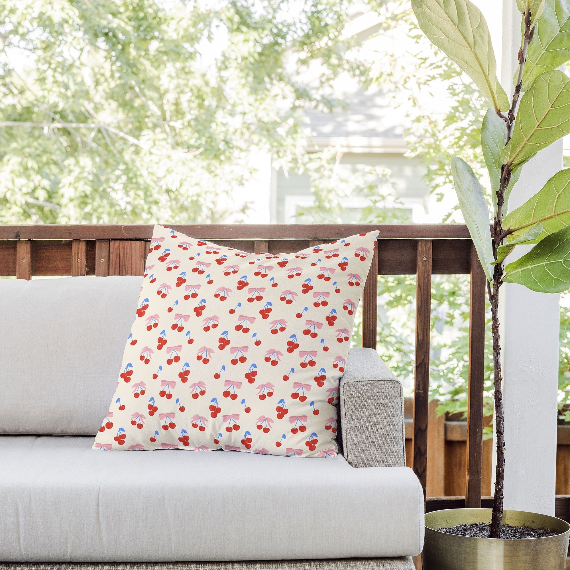 Design by Spark Cherries And Ribbons Outdoor Throw Pillow