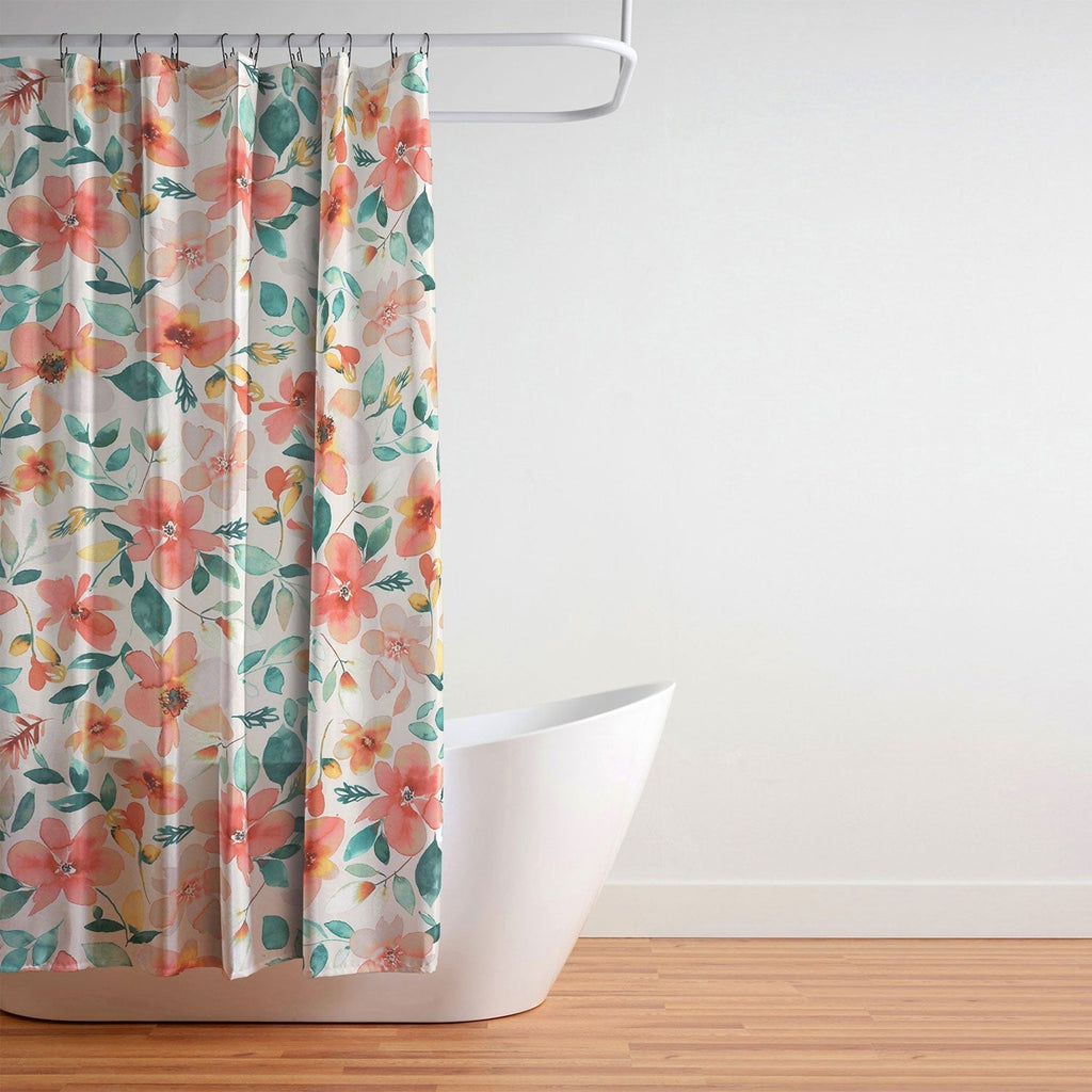 Ninola Design Botanic Retreat Tropical Whimsical Flowers Coral Green Shower Curtain