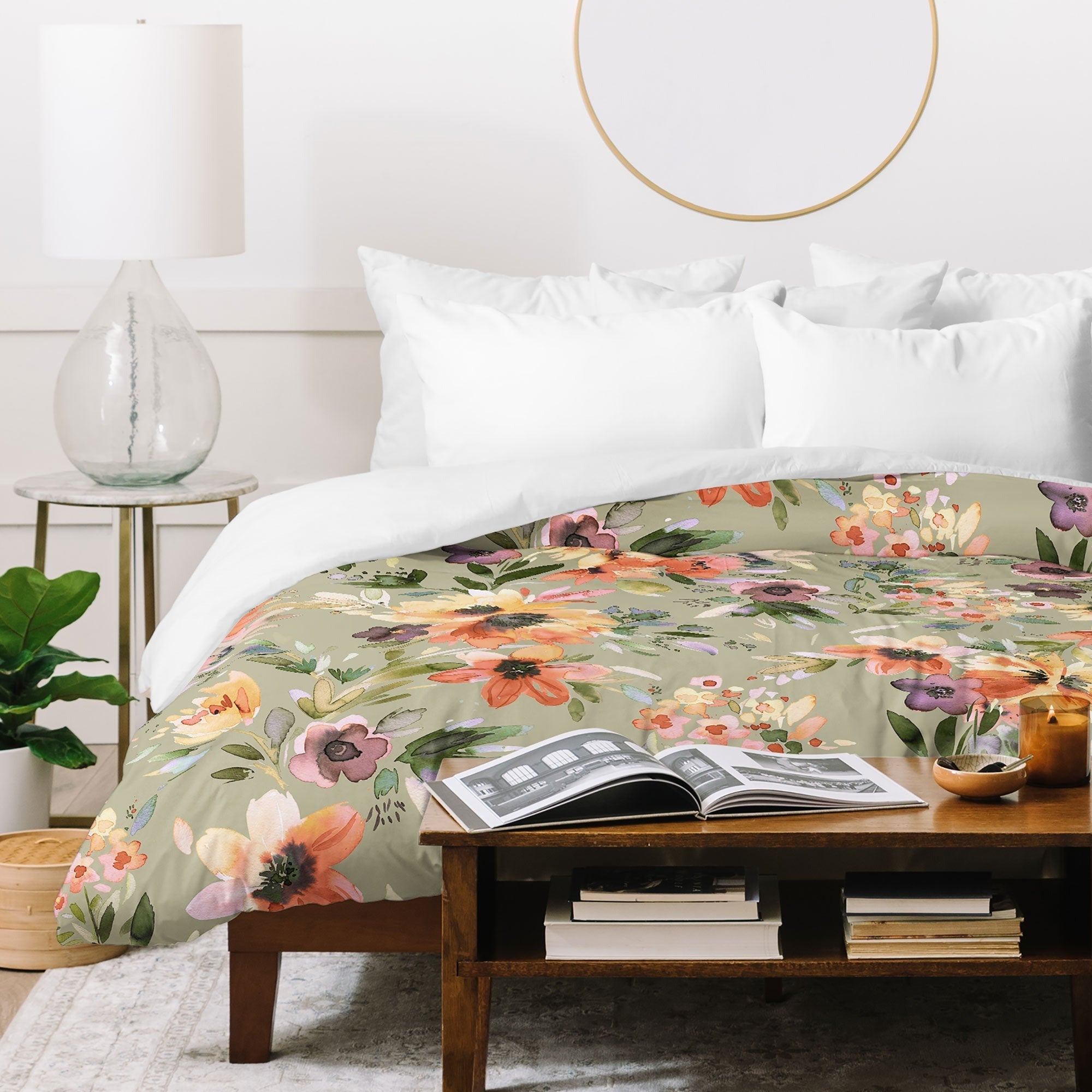 Ninola Design Botanic Retreat Floral Oleander Whimsical Teal Green Duvet Cover