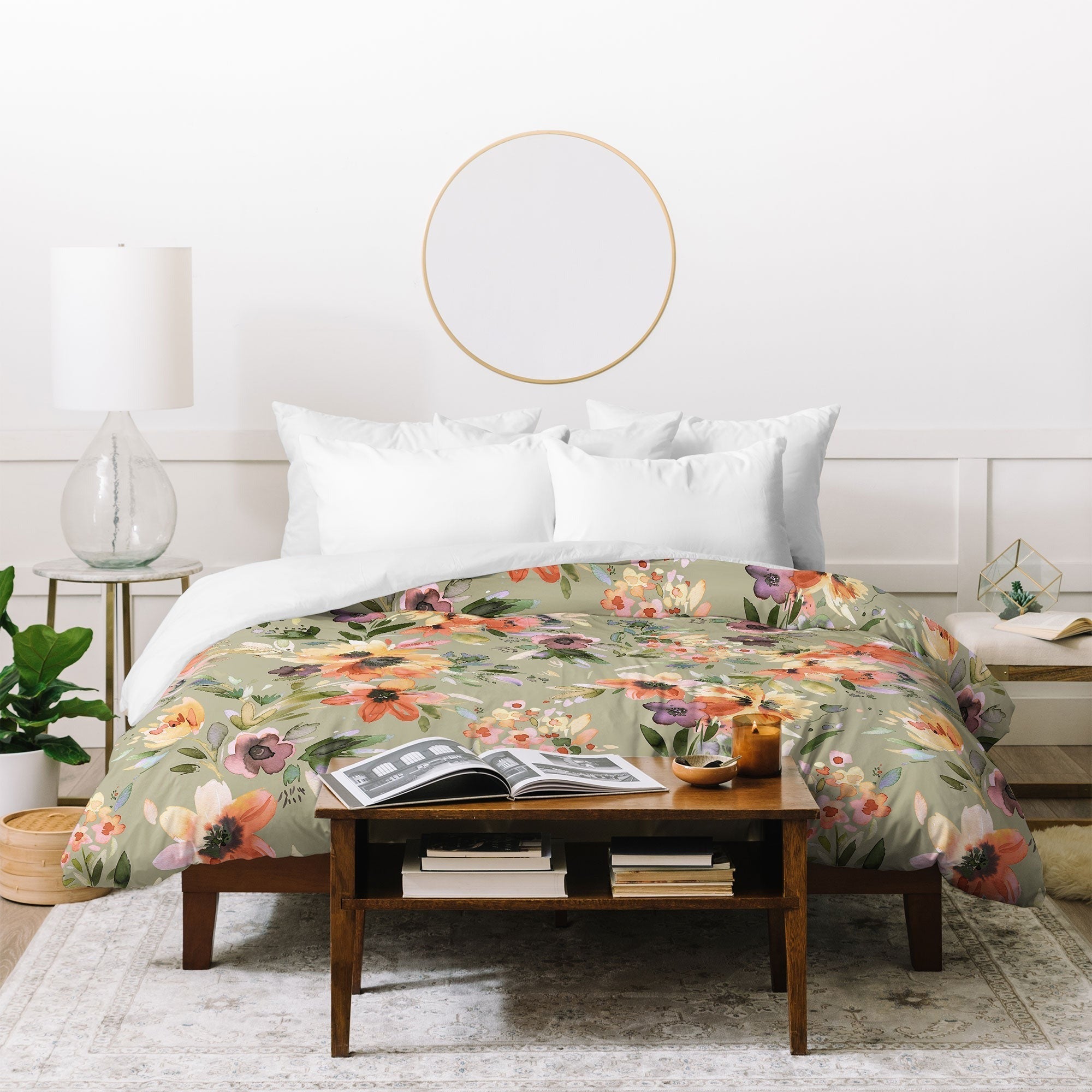 Ninola Design Botanic Retreat Painterly Tropical Flowers Sage Green Duvet Cover