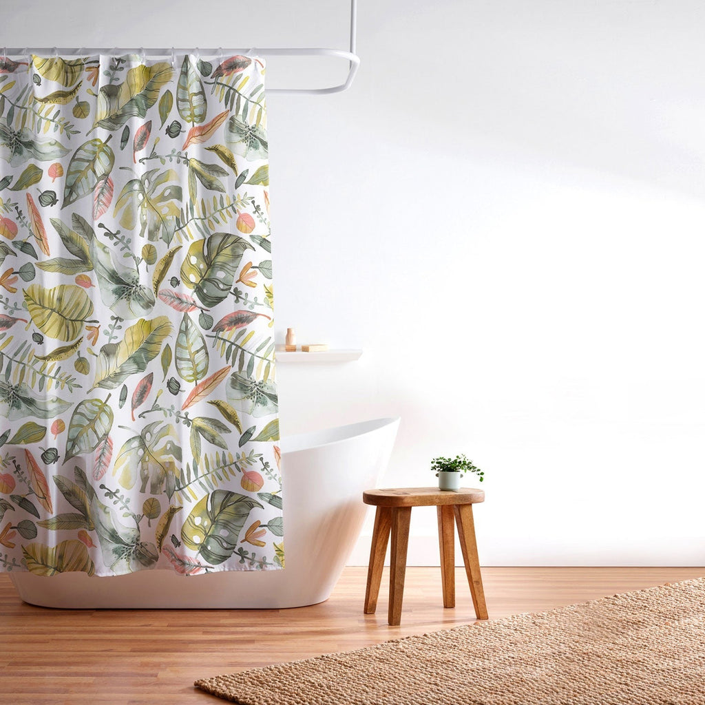 Ninola Design Botanic Retreat Tropical Jungle Leaves Botanical Green Orange Shower Curtain
