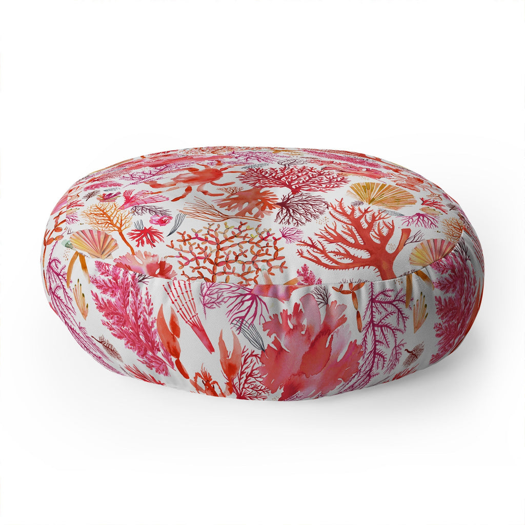 Ninola Design Botanic Retreat Coral Reef Crab Lobster Red Floor Pillow Round