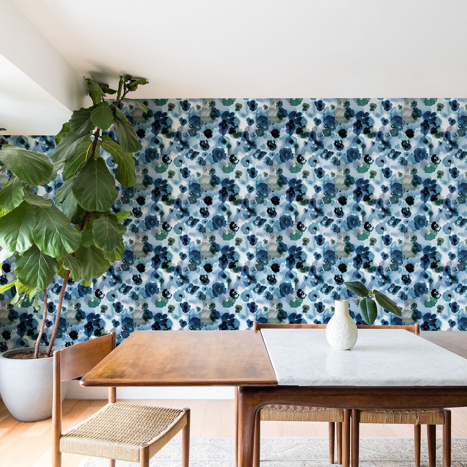 Ninola Design Botanic Retreat Ombre Abstract Watercolor Flowers Blue Navy Wallpaper