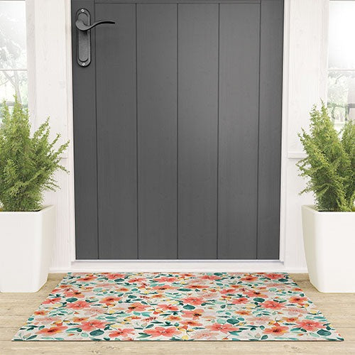 Ninola Design Botanic Retreat Tropical Whimsical Flowers Coral Green Welcome Mat