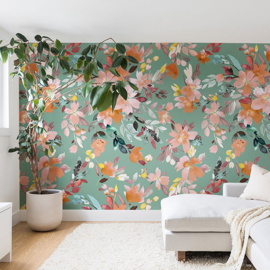 Ninola Design Botanic Retreat Floral Oleander Whimsical Teal Green Wall Mural