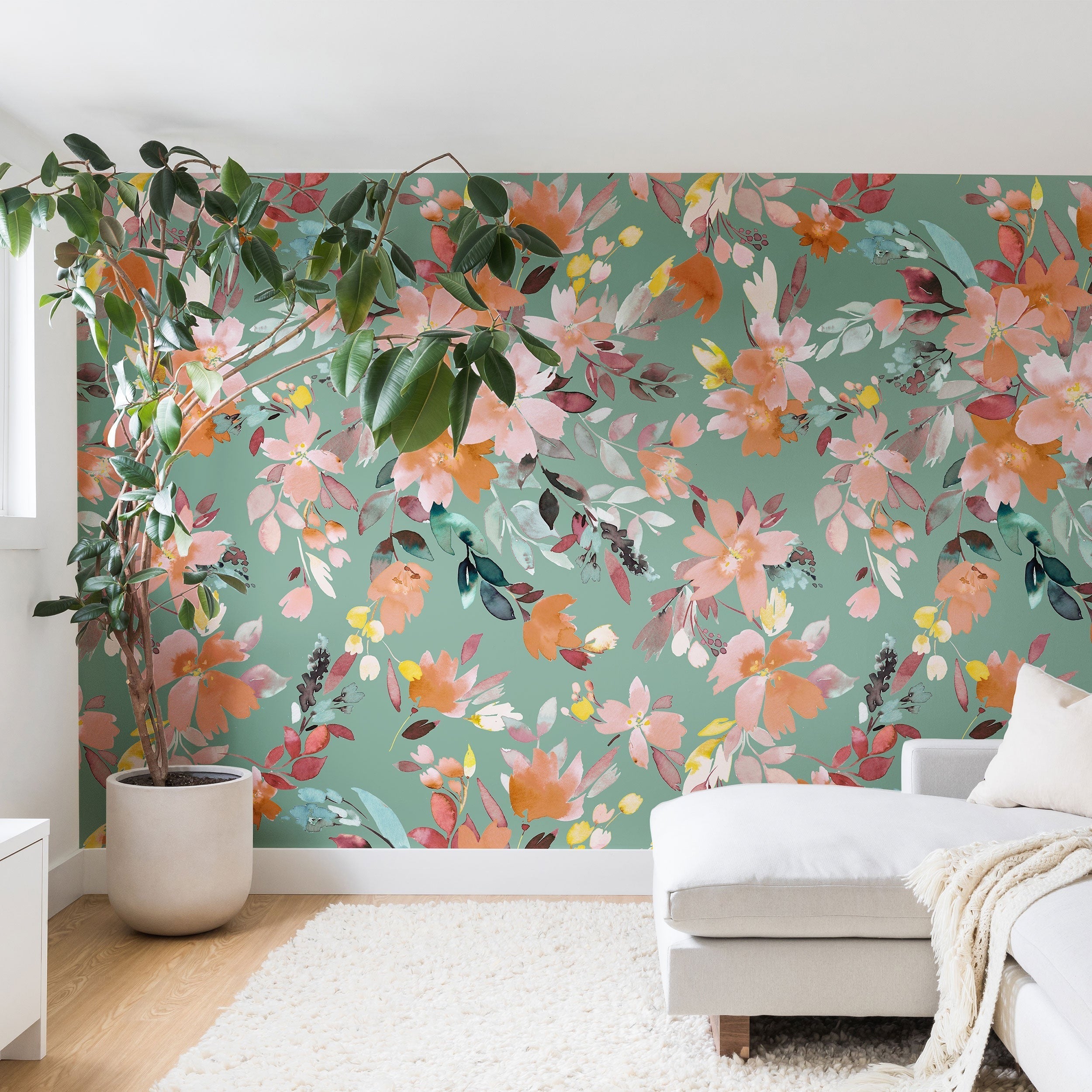 Ninola Design Botanic Retreat Floral Oleander Whimsical Teal Green Wall Mural