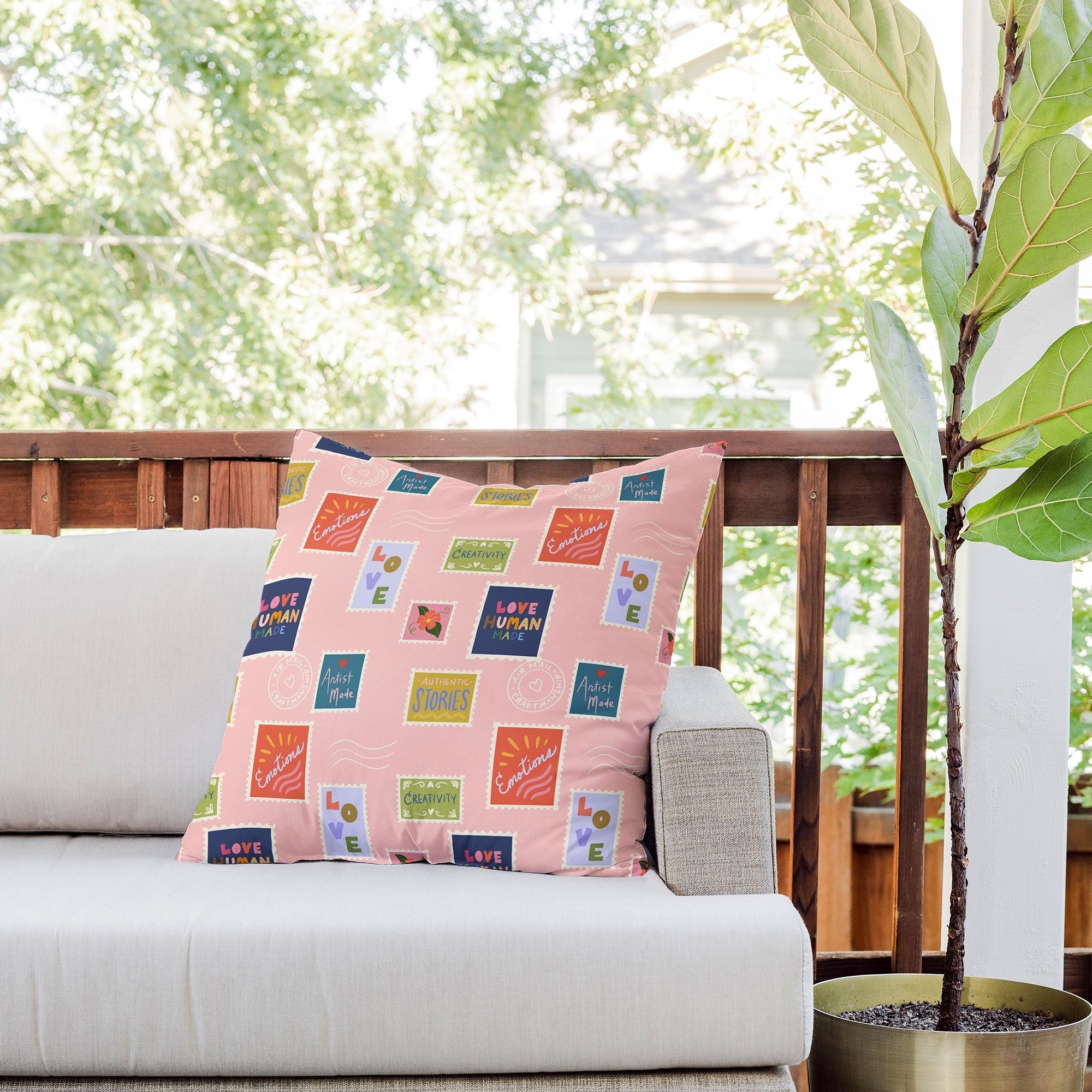 Design by Spark Love Human Made Stamps Outdoor Throw Pillow