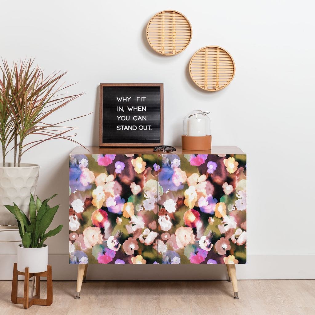 Ninola Design Botanic Retreat Ombre Abstract Watercolor Flowers Pink gold Credenza