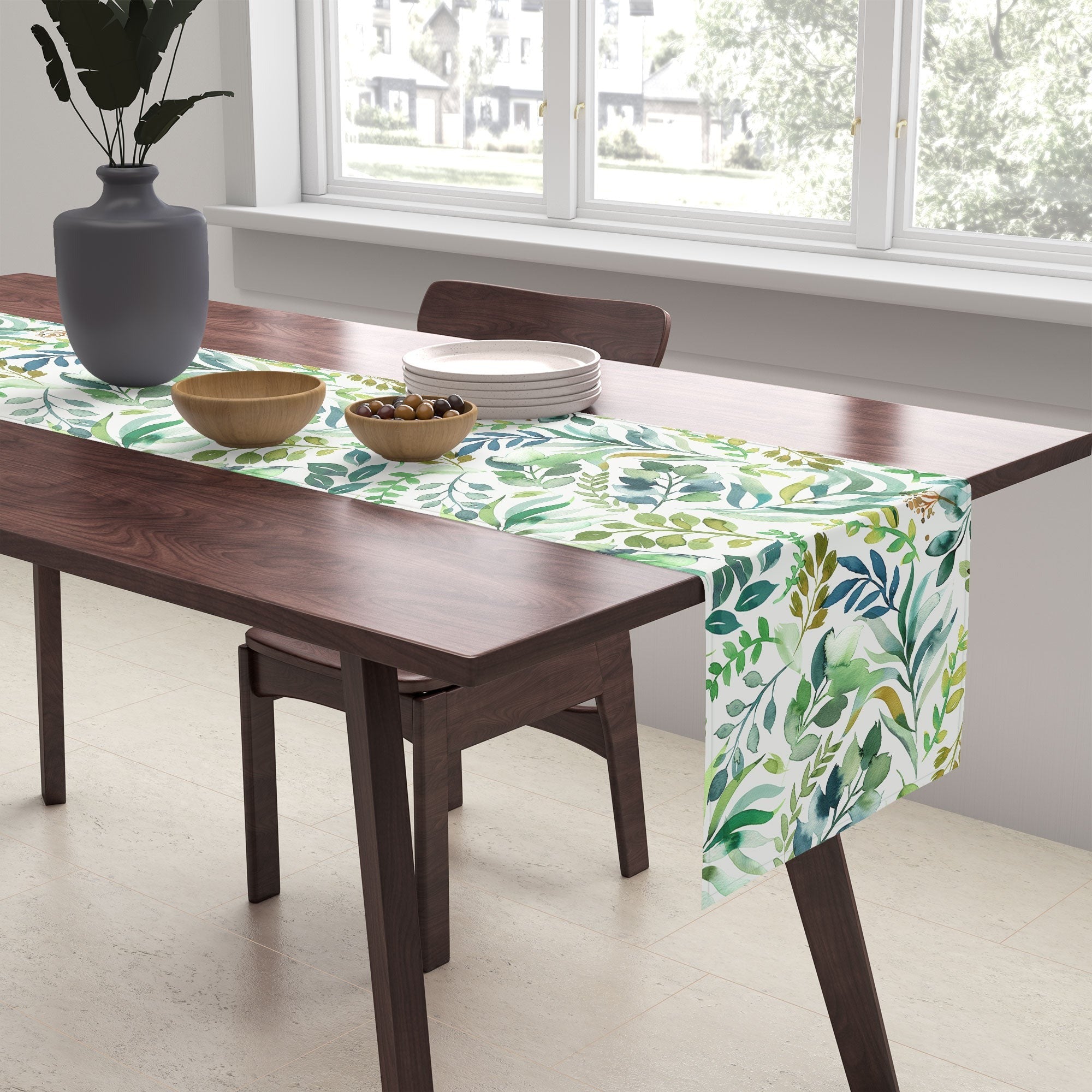 Ninola Design Botanic Retreat Loose Botanical Leaves Watercolor Green Table Runner