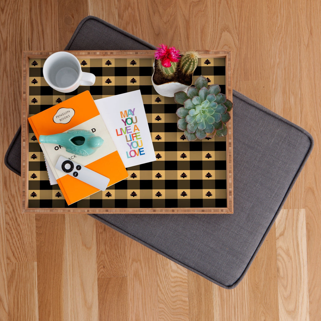 Design by Spark Black Gold Tree Tree Gingham Rectangular Tray