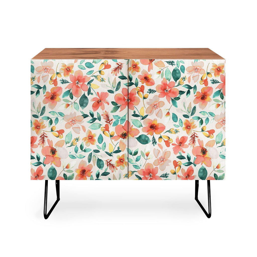 Ninola Design Botanic Retreat Tropical Whimsical Flowers Coral Green Credenza